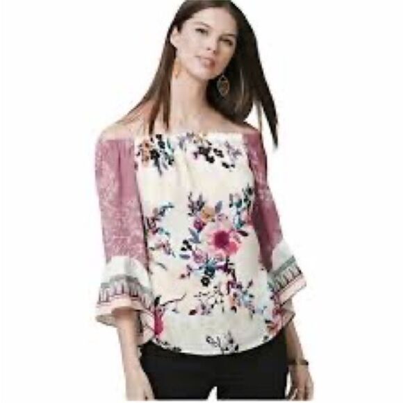 White House Black Market Tops - White House Black Market Floral Bell Sleeve Off Shoulder Satin Blouse